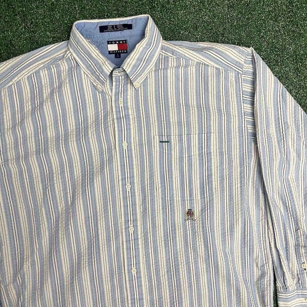 Tommy Hilfiger Vintage Y2K Blue White Striped Seersucker Oversized Button Up L